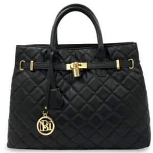 Badgley Mischka Black Quilted Satchel with Gold Accents